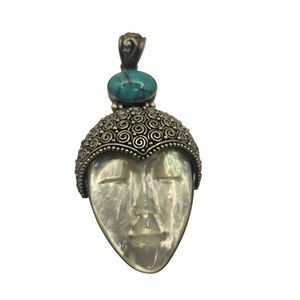 Vintage 925 Sterling Silver Abalone Goddess Bali Pendant Turquoise 2.75"